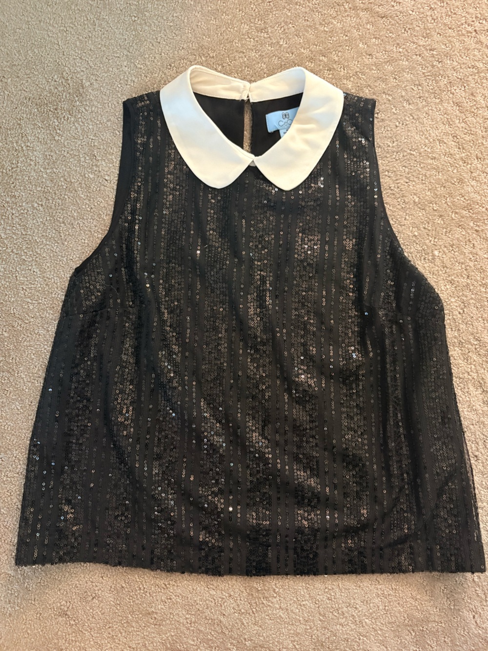 CeCe Black Sequin Shell Tank with White Peter Pan Collar
